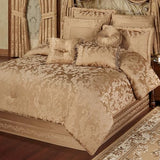 Monaco Luxury Bedding | Royal Monochromatic Metallic Gold | Puff Jacquard-Woven Acanthus Damask and Scrollwork | 4-Pc Bed Set Includes Oversized California King Comforter, Bedskirt, and 2 King Shams J. Queen New York