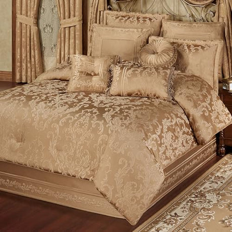 Monaco Luxury Bedding | Royal Monochromatic Metallic Gold | Puff Jacquard-Woven Acanthus Damask and Scrollwork | 4-Pc Bed Set Includes Oversized California King Comforter, Bedskirt, and 2 King Shams J. Queen New York
