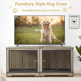 Rovibek 75'' Double Dog Crate Furniture for 2 Large Dogs, Heavy Duty Furniture Style Dog Crates End Table, Wood Crates for Dogs Kennel Indoor with Double Door, Grey Rovibek