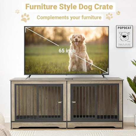 Rovibek 75'' Double Dog Crate Furniture for 2 Large Dogs, Heavy Duty Furniture Style Dog Crates End Table, Wood Crates for Dogs Kennel Indoor with Double Door, Grey Rovibek