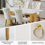 Shenyon Modern Dining Table Set for 6, White Faux Marble Glass Dining Room Set, 71” Rectangular Kitchen Table with 6 Beige Velvet Dining Chairs, Kitchen & Dining Room Set Shenyon