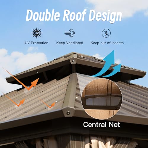 Domi 8x8FT Hardtop Gazebo, Outdoor Gazebo with Galvanized Steel Double Roof Canopy, Curtain and Netting, Metal Gazebo Pavilion for Patio, Lawn, Garden, Brown domi outdoor living