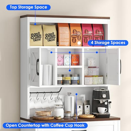 kepptory 69" Tall Farmhouse Kitchen Pantry Cabinet, Kitchen Hutch Bar Cabinet with Drawers&Cup Holder, Large Wooden Storage Cabinets with Barn Doors&Microwave Stand, Cupboard for Dining Room(White) kepptory
