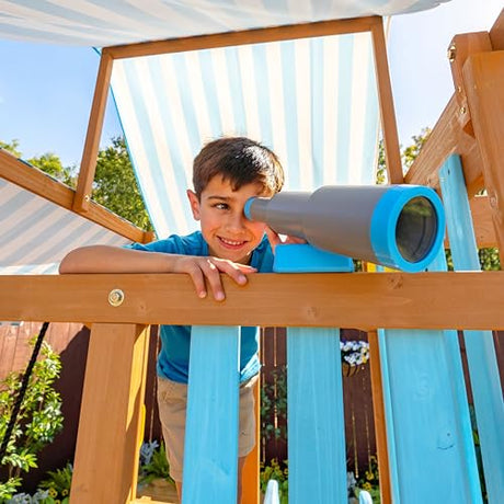 Teamson Kids Wooden Swing Sets for Backyard Outdoor Playset with Slide Rock Wall Trapeze Bar Fireman Pole Pirate Wheel Kids Playground with Swingset Holds 9 Children Ages 3 to 10 Teamson Kids