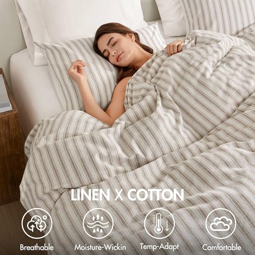 Madison Park Duvet Cover Set for Hot Sleepers - Linen Cotton Rayon Blend, Queen Size 3 Piece Set with Shams - Lightweight & Breathable Bedding, Tan Striped Design Madison Park