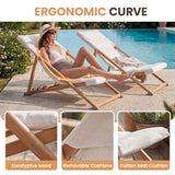DAYAOUTDOOR Folding Wooden Lounge Chairs Set of 2, Outdoor Adjustable Reclining Patio Beach Chair with Thick Cushion, Portable Deck Lounge Chair for Backyard Lawn Pool Camping Balcony, Beige