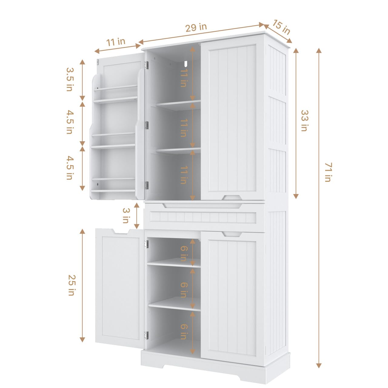 Gizoon 71" Kitchen Pantry Cabinet with Doors and Shelves Large Freestanding Pantry Storage Cabinet with Drawer Tall Food Pantry Storage Cabinet for Kitchen Bathroom Craft Room, White - WoodArtSupply