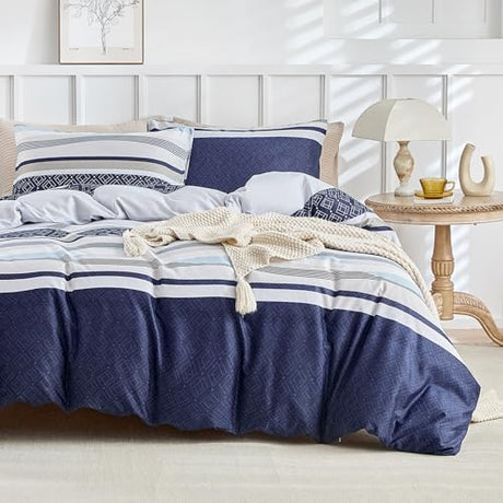 Lekesky Duvet Cover Full, 3 Pieces Blue Striped Duvet Cover Set Soft Bedding Aztec Comforter Cover Full Size with Hidden Zipper Corner Ties Lekesky