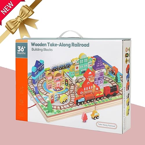 Wooden Building Blocks Set, Electric Train City Construction Stacking Blocks Preschool Learning Educational Toys,Toddler Toys for 3+ Year Old Boy and Migargle