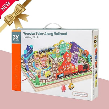 Wooden Building Blocks Set, Electric Train City Construction Stacking Blocks Preschool Learning Educational Toys,Toddler Toys for 3+ Year Old Boy and