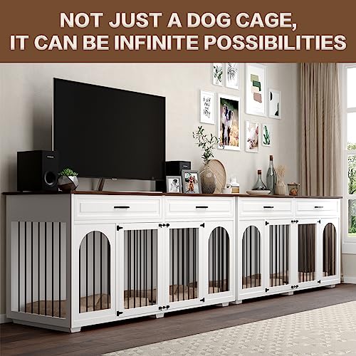 IKISSLIFEEL Large Dog Crate Furniture,74.8" Wooden Double Dog Crates Furniture Style for 2 Large Dogs,XXL Heavy Duty Dog Kennel Furniture Indoor with Divider and 2 Drawers,White - WoodArtSupply