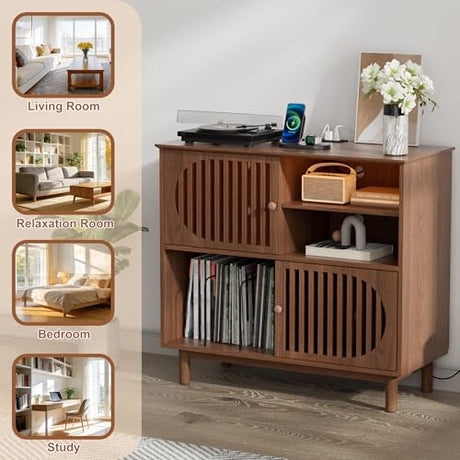 Large Record Player Stand with Storage & LED Lights, Vinyl Record Storage Cabinet with Charging Station Holds Up to 350 Albums, Mid Century Modern Turntable Stand for Living Room (Walnut) YKVIQBY
