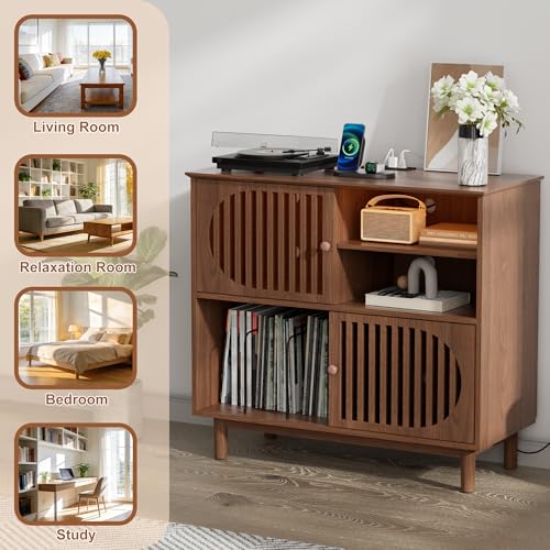 Hretanant Large Record Player Stand with Storage & LED Lights, Vinyl Record Storage Cabinet Holds Up to 350 Albums, Mid Century Modern Turntable Stand with Charging Station for Living Room (Walnut) Hretanant