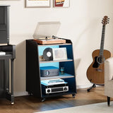Rresyet 22.1" 4-Tier AV Media Stand with Wheels, Wooden Record Player Stand with LED Lights，Stereo Rack and Game Console Stand for Music Room, Living Room Rresyet