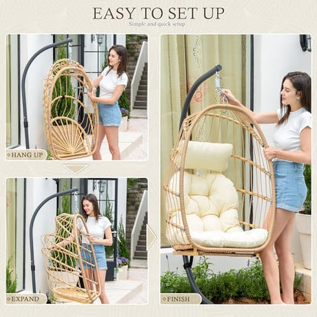 Yechen Hanging Egg Chair with Stand and Footrest for Indoor Outdoor, Foldable Wicker Rattan Patio Egg Swing Chairs Hammock Egg Chair with UV Resistant Cushion for Bedroom Porch, 350 Lbs Capacity Yechen