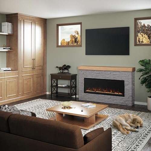 Modern Ember Wyman Linear Grey Stone Mantel Package with 50" Smart Electric Fireplace Heater Insert | Alexa/WiFi Enabled | Multi-Flame Colors & Brightness Modern Ember