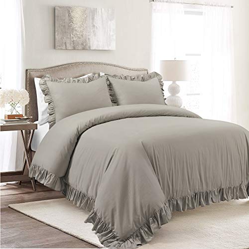 Lush Decor Reyna Ruffle Cotton Duvet Cover Set 3 Piece Set Full/ Queen, Gray - Queen Size Bedding Set - Gray Duvet Queen- Ruffled Bedding - Coquette Decor Lush Decor