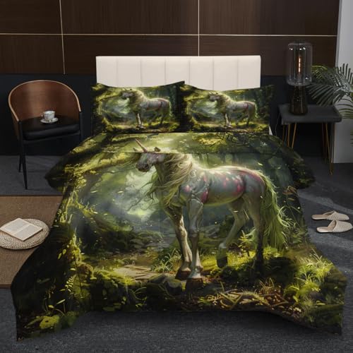 Ydtwnyq Bedding Twin Size Comforter Set Lightweight for Summer Duvet Set Green 3 Pieces (1 Quilt and 2 Pillowcases) Ethereal Single Horn Horse Quilt for Kids Adults Ydtwnyq
