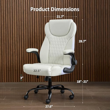 amseatec Office Chair, Executive PU Leather Chair Home Office Desk Chairs, Ergonomic Computer Desk Chair with Adjustable Flip-Up Arms, Lumbar Support Swivel Task Chair with Rocking Function (White) amseatec