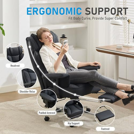 OwgeinSet Big and Tall Office Chair, Ergonomic Leather Reclining Chair with Footrest, High-Back Comfy Executive Computer Desk Chairs with Lumbar Support, Wide Seat, 400LBS (Black) OwgeinSet