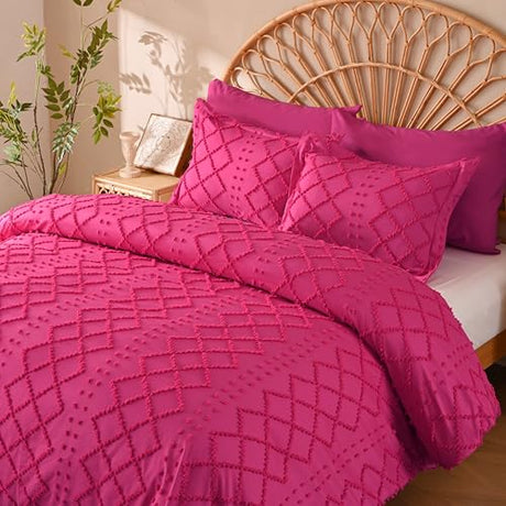 Manyshofu 5Pcs Boho Full Duvet Cover Set - Tufted Hot Pink Duvet Cover Pattern, Shabby Chic Boho Bedding Set Textured Comforter Covers with Embroidery Pillow Shams Manyshofu