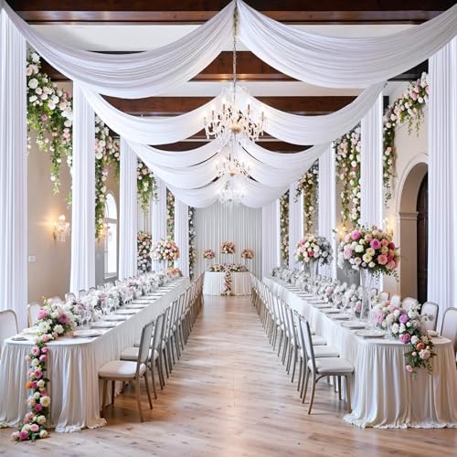 20 ft×20 ft White Ceiling Curtain Drapes for Weddings Parties, Wrinkle Free Polyester Draping Fabric White Drapery for Party Tent Canopy Hotel Banquet Hall Ceiling Decor-4 Panels 5×20ft leegleri