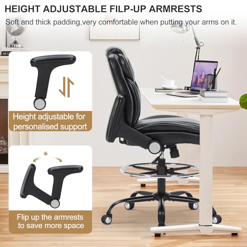 Drafting Chair, Ergonomic Tall Office Chair with Soft Adjustable Armrests and Foot Ring, Standing Desk Chair PU Leather High Office Chair for Counter Height Desk, Swivel Computer Stool, Black Generic