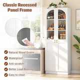 Cyclysio 80" Kitchen Pantry, Tall Arch Storage Cabinet with Tempered Glass Doors, Freestanding Wood Floor Cupboard Bookcase with Seamless Fit Wall for Dining Room, Living Room, Bathroom (White) Cyclysio