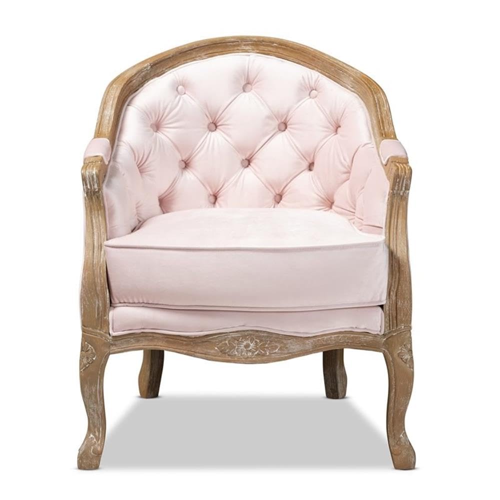 Baxton Studio Genevieve Traditional French Provincial Light Pink Velvet Upholstered White-Washed Oak Wood Armchair Baxton Studio