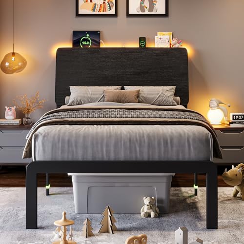 Einhomn Twin Bed Frame with Ergonomic Wooden Storage Headboard, LED Bed Frame with Charging Station, 12" UnderBed Storage, Heavy-Duty Metal Base, No Box Spring Needed, Easy Assembly, Black Einhomn