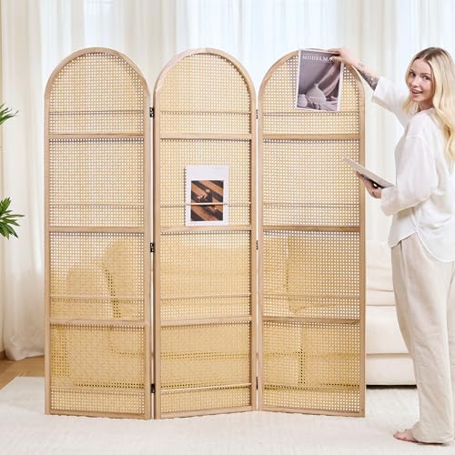 Rattan Room Divider with Bookshelf,Foldable Privacy Screen Partition,Wooden Frame,Natural Portable for Living Room,Bedroom Home,Office Reading Nook (Natural, 3 Panels) Svimi