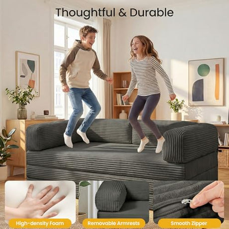 Tri-Folding Mattress Queen Futon Sofa Bed, Convertible Tri Fold Mattress Foldable with Removable Armrests & Washable Cover, 5 Inch Floor Mattress with High-Density Foam, Small Couch Bed, Queen, Grey Erament