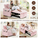 SLEERWAY 3-in-1 Convertible Futon Sofa Bed Chair, Multi-Functional Sleeper Chair Bed with Pull Out Couch and Adjustable Backrest, Modern Velvet Chaise Lounge Armchair for Living Room Bedroom, Pink SLEERWAY