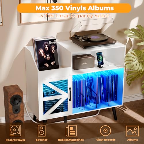 Loomie Large Record Player Stand with Power Outlet & LED Light, 350 Vinyl Record Storage Cabinet with Magnetic Door, Turntable Table with Wood Legs for Living Room (White) Loomie