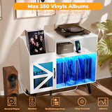 Loomie Large Record Player Stand with Power Outlet & LED Light, 350 Vinyl Record Storage Cabinet with Magnetic Door, Turntable Table with Wood Legs for Living Room (White) Loomie