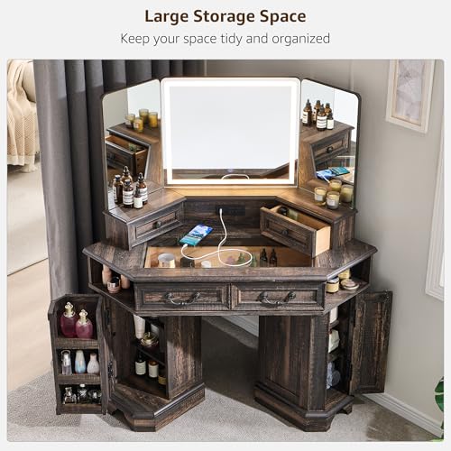 T4TREAM Makeup Vanity Desk 48" with 3 Way Mirror and Lights, Large Farmhouse Corner Vanity Dressing Table with Glass Top & Charging Station, 3 Drawers & 2 Storage Cabinets, Dark Rustic Oak T4TREAM