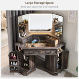 T4TREAM Makeup Vanity Desk 48" with 3 Way Mirror and Lights, Large Farmhouse Corner Vanity Dressing Table with Glass Top & Charging Station, 3 Drawers & 2 Storage Cabinets, Dark Rustic Oak T4TREAM