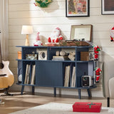 LELELINKY Extra Large Round Record Player Stand with Charging Station & Fluted Panel, Mid Century Modern Turntable Cabinet with Vinyl Storage, Arched Wood Record Player Table for Living Room,Blue LELELINKY