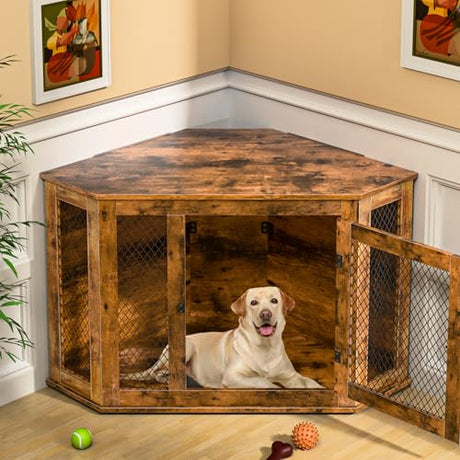 VENDORZ Corner Dog Crate Furniture, 52" Wooden Dog Kennel Furniture End Table with Mesh, Dog Kennel Indoor Furniture for Small Medium Large Dogs, Modern Decorative Wood Pet House Dog Cage Crate, Brown VENDORZ