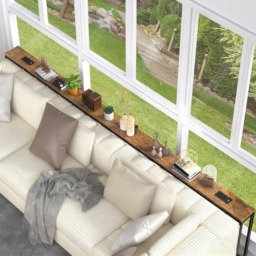 SANXUO 102 Inch Extra-Long Narrow Console Table with Charging Station (2 Outlets + USB-C), Sofa Table,Behind Couch Table with 3-Tier Storage Shelves for Entryway & Small Spaces (Rustic Brown) SANXUO