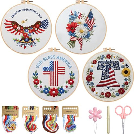 BBLYBD 4th of July Embroidery Kit, 4 Set Patriotic Cross Stitch Craft Kits for Beginners with Pre-Printed Embroidery Fabric, Hoops, Step-by-Step Instructions, Color Threads & Needles (Red White Blue) BBLYBD