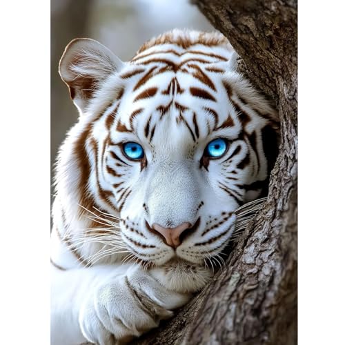 KEYIFA White Tiger Diamond Art Kits for Adults, DIY Diamond Painting Animal, Round Full Drill, 5D Diamonds Dots Mosaic Painting, Gem Arts Craft for Home Wall Decor Gifts, 30x40cm KEYIFA