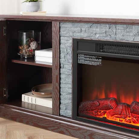 70" W Modern Electric Fireplace with Mantel, Fireplace TV Stand with Realistic Stacked Stone, 3D Flame Effect, Entertainment Center for TVs Up to 75", TV Console Table for Living Room (70" W & Cherry) Eyisean