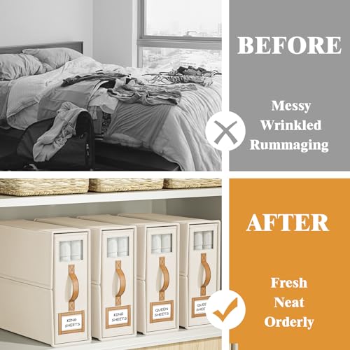 BigPonPon 4 Pack Foldable Bed Sheets Set Organizers and Storage(King & Queen Size),Linen Fabric Closet Organizers with Window,Folding Bedding Storage Box for Bedsheets and Pillow Cube Organizer-Beige BigPonPon