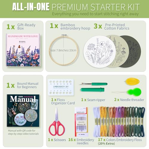 ETSPIL Beginner Embroidery Kit for Adults, 4K HD Video Tutorials, Pre-Printed Botanical Floral Designs, Essential Stitches & Bound Guide, Relaxing Screen-Free Activity for Women at Home