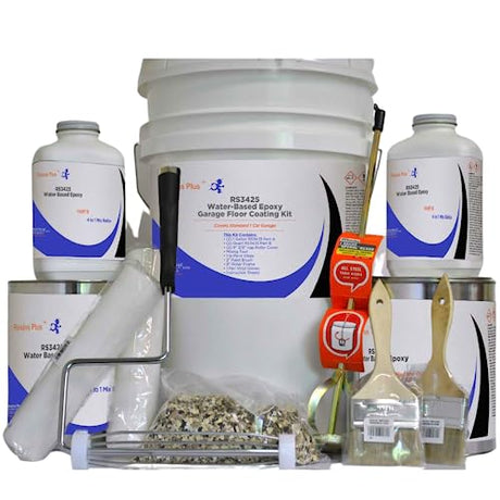 Resins Plus - Garage Floor Coating and Epoxy Kit | Includes All Needed Tools and Materials for DYI Application | RS3425 Fast Cure Water Based Epoxy with Paint Chips Resins Plus