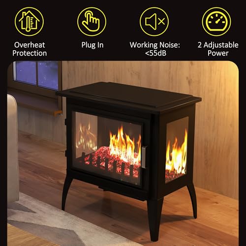 HOMCOM 24" Electric Fireplace Stove, Freestanding Infrared Fire Place Heater with Realistic Logs Flame, Adjustable Temperature, Overheat Protection, 1000W/1500W, Black HOMCOM