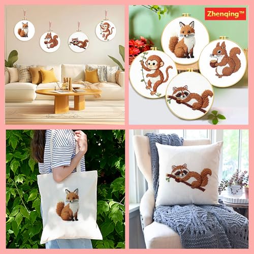 Zhenqing 4 Forest Animal Cross Stitch Kit for Beginners, 11CT Printed White Cotton Fabric 20x20cm with Hoop, Fox, Monkey, Squirrel, Raccoon Designs, Complete Embroidery Supplies(70749)