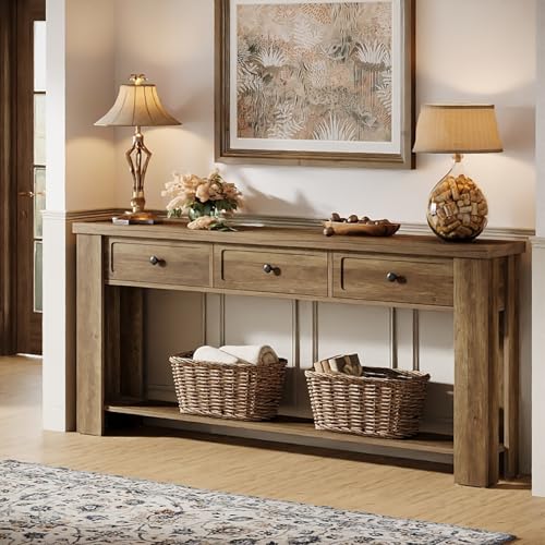 Tribesigns 70.9-Inch Long Console Table with 3 Drawers, Farmhouse Entryway Table with Storage, Rectangular Narrow Sofa Table Behind the Couch, Accent Table for Hallway, Living Room, Entrance, Brown Tribesigns