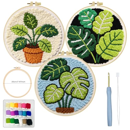 JOZYSH Green Plants of Various Shapes Punch Needle Kits for Beginner, DIY Punch Needle Kit Adults Beginner Include 3 Pre-Printed Fabrics, Embroidery Hoop, Threads, Craft Gifts and Decorations